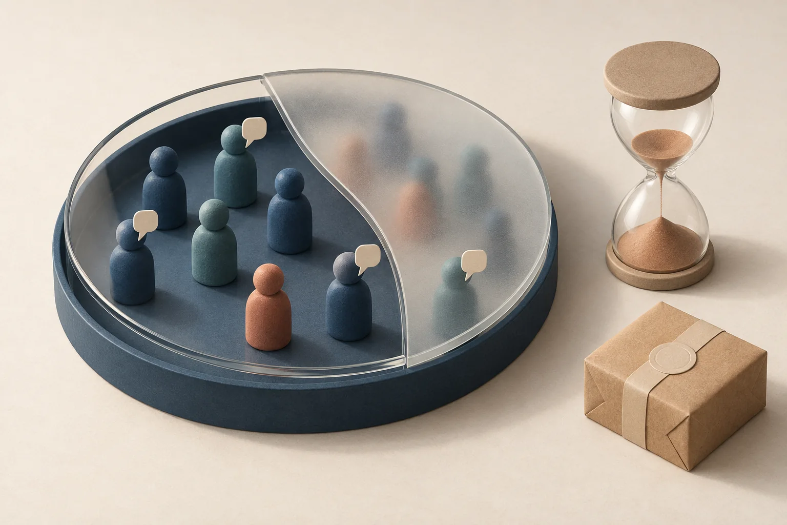 Creator tokens remain within one delivery group while clear and frosted viewing panels separate observed posts from gaps.