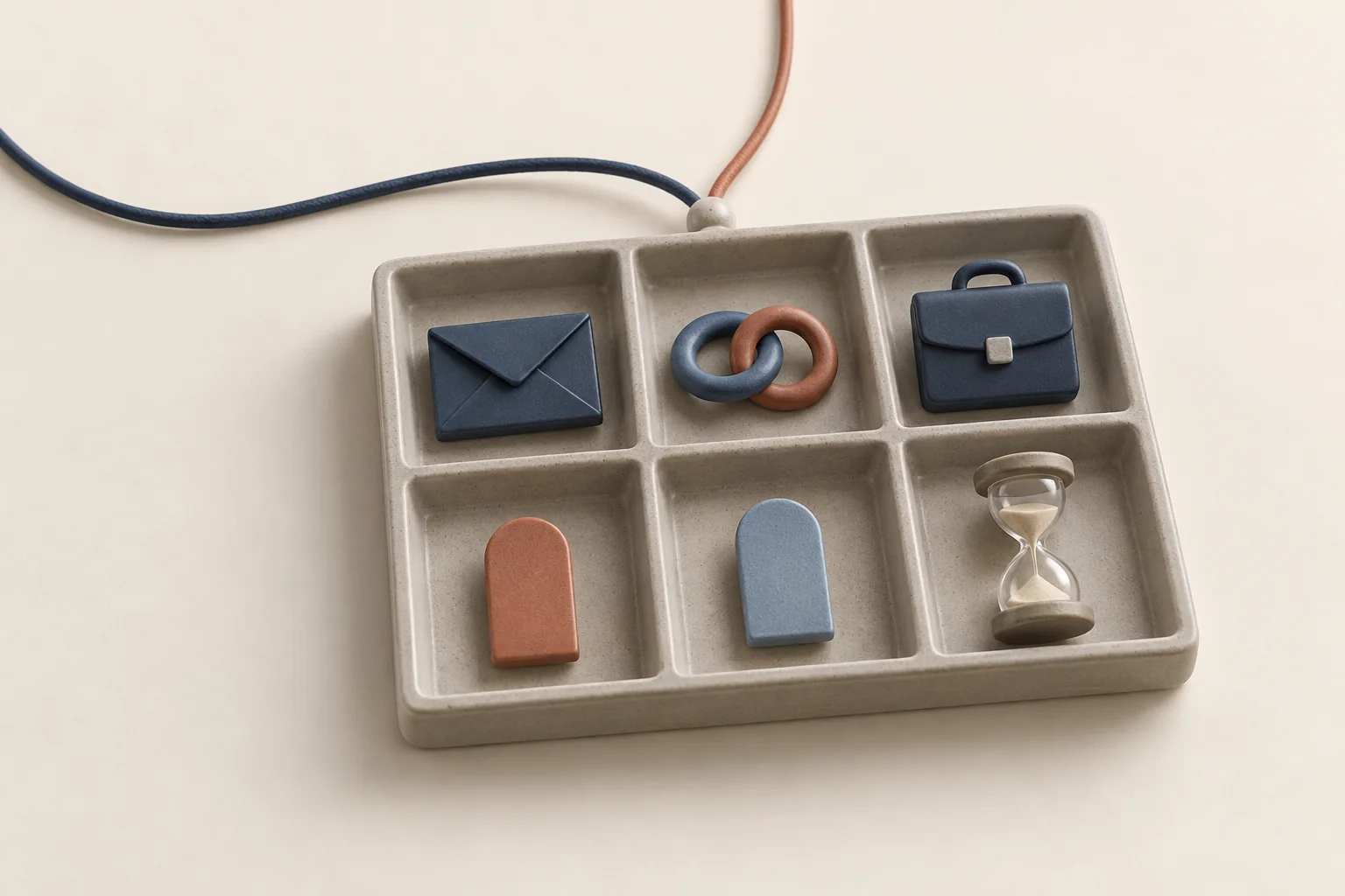 Six small ceramic compartments hold an envelope, linked rings, a briefcase, two date markers and an hourglass, representing a minimal contact source record.