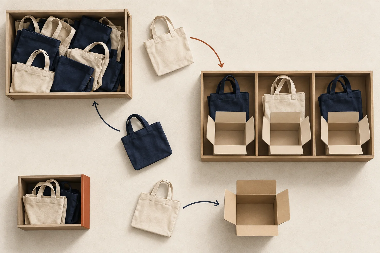 Separated trays of navy and cream tote bags, with one bag returning to stock and a spare moving toward a packed shipment.