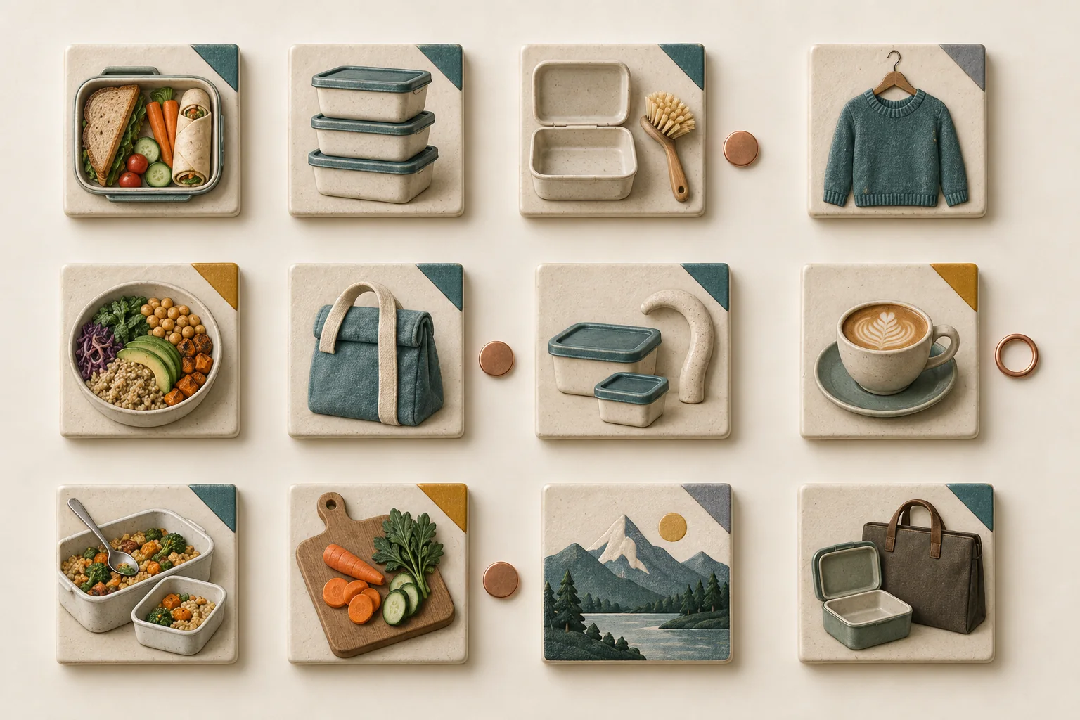 Twelve illustrated post tiles grouped by content type, with separate markers for disclosed collaborations and an uncertain brand mention.