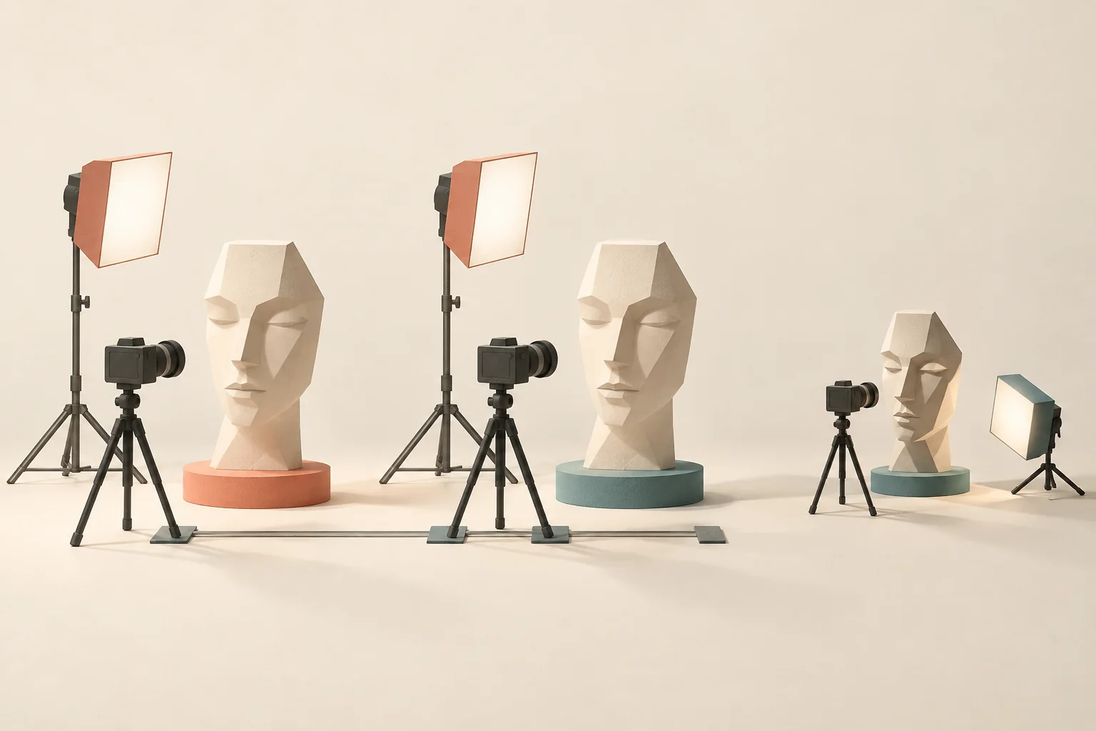 Two matched camera-and-light setups frame identical abstract face forms, with a third misaligned light showing how shadows change a comparison.