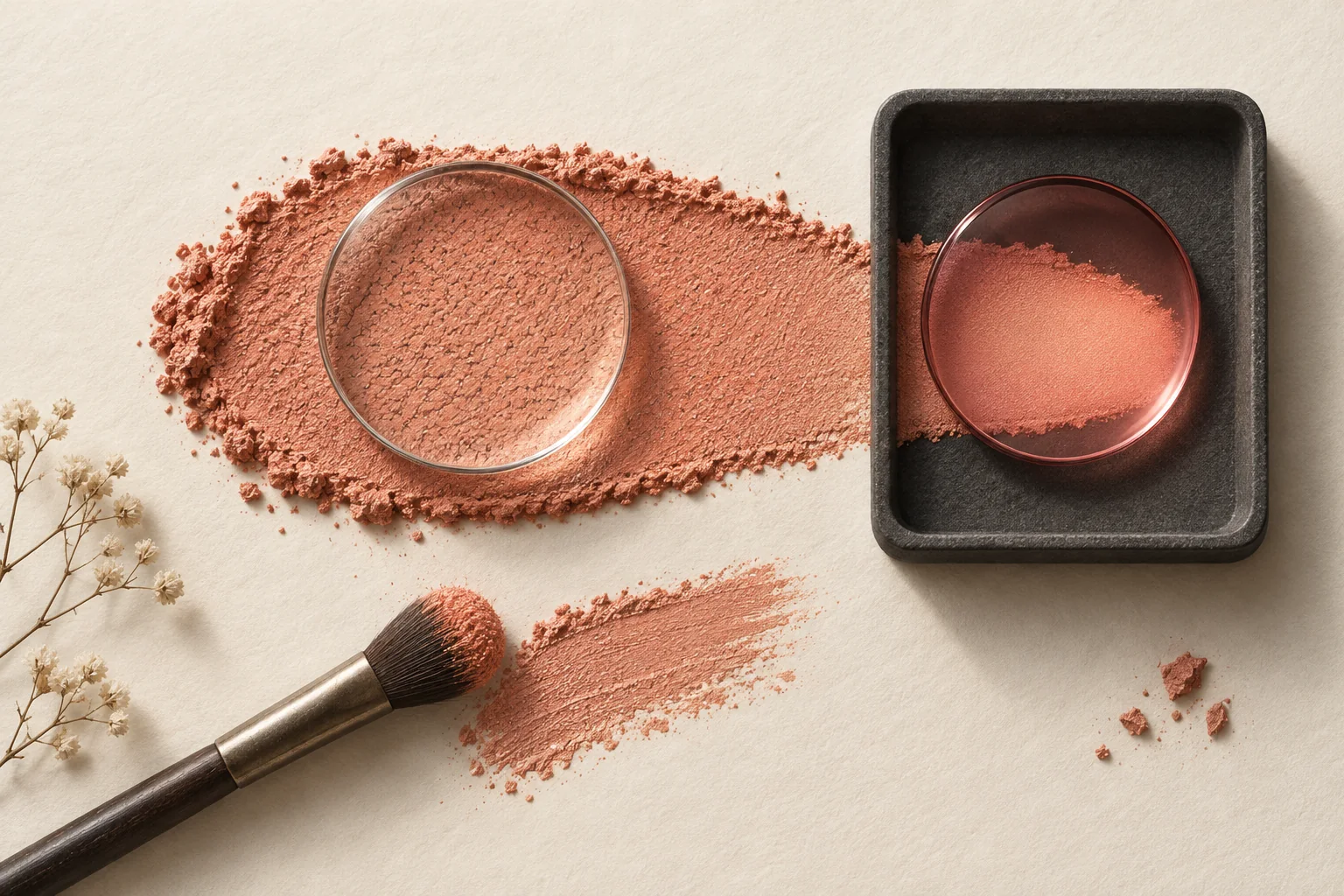 A textured cosmetic swatch viewed through clear and smoothing lenses, with the smoothing lens set aside for review.