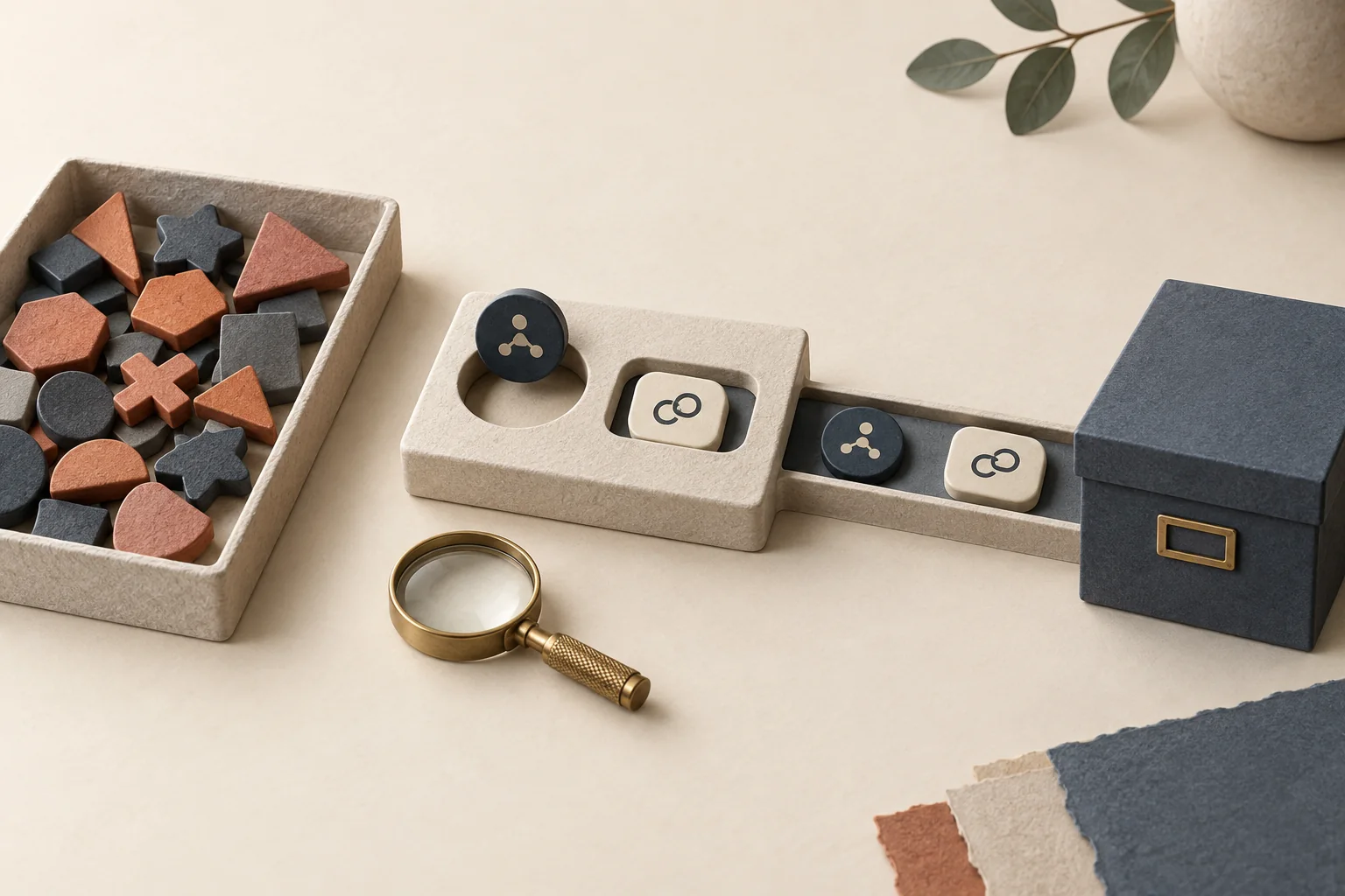 Selected contact-data tokens pass through a narrow sorting tray into a closed archive, while unnecessary tokens remain outside.