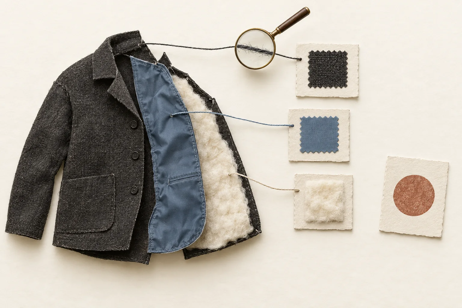 A jacket with separated outer fabric, lining and fill, each connected to its own evidence card, with one unsupported card left apart.