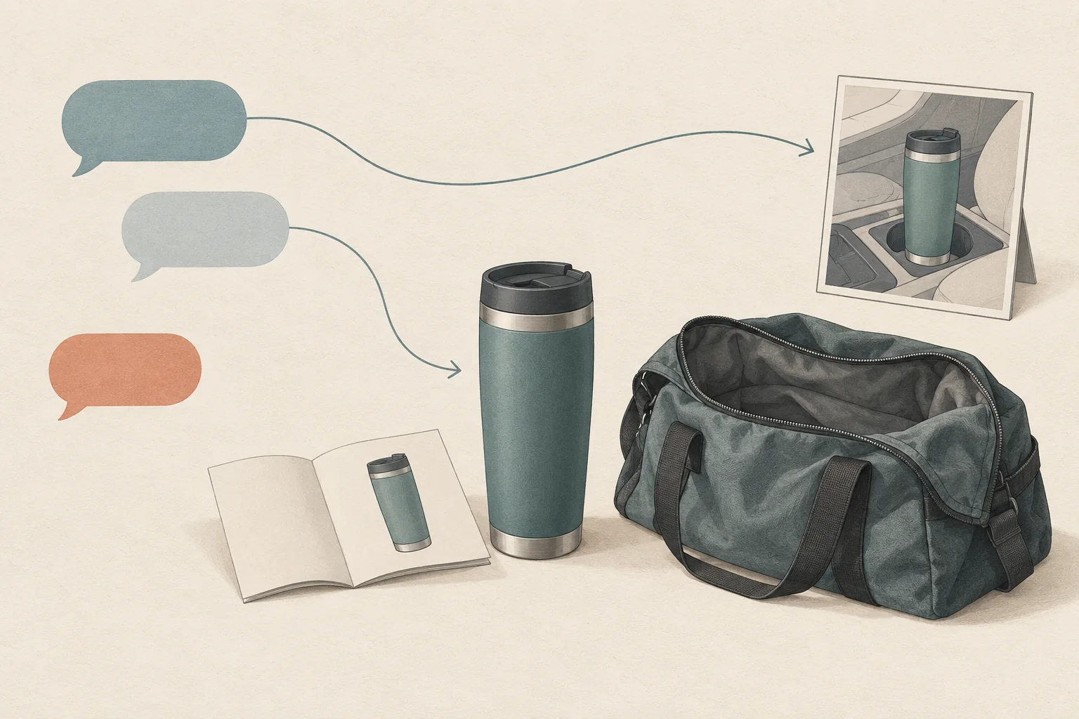 A travel mug beside an open bag, with comment shapes sorted toward a product manual and a corrected demonstration.