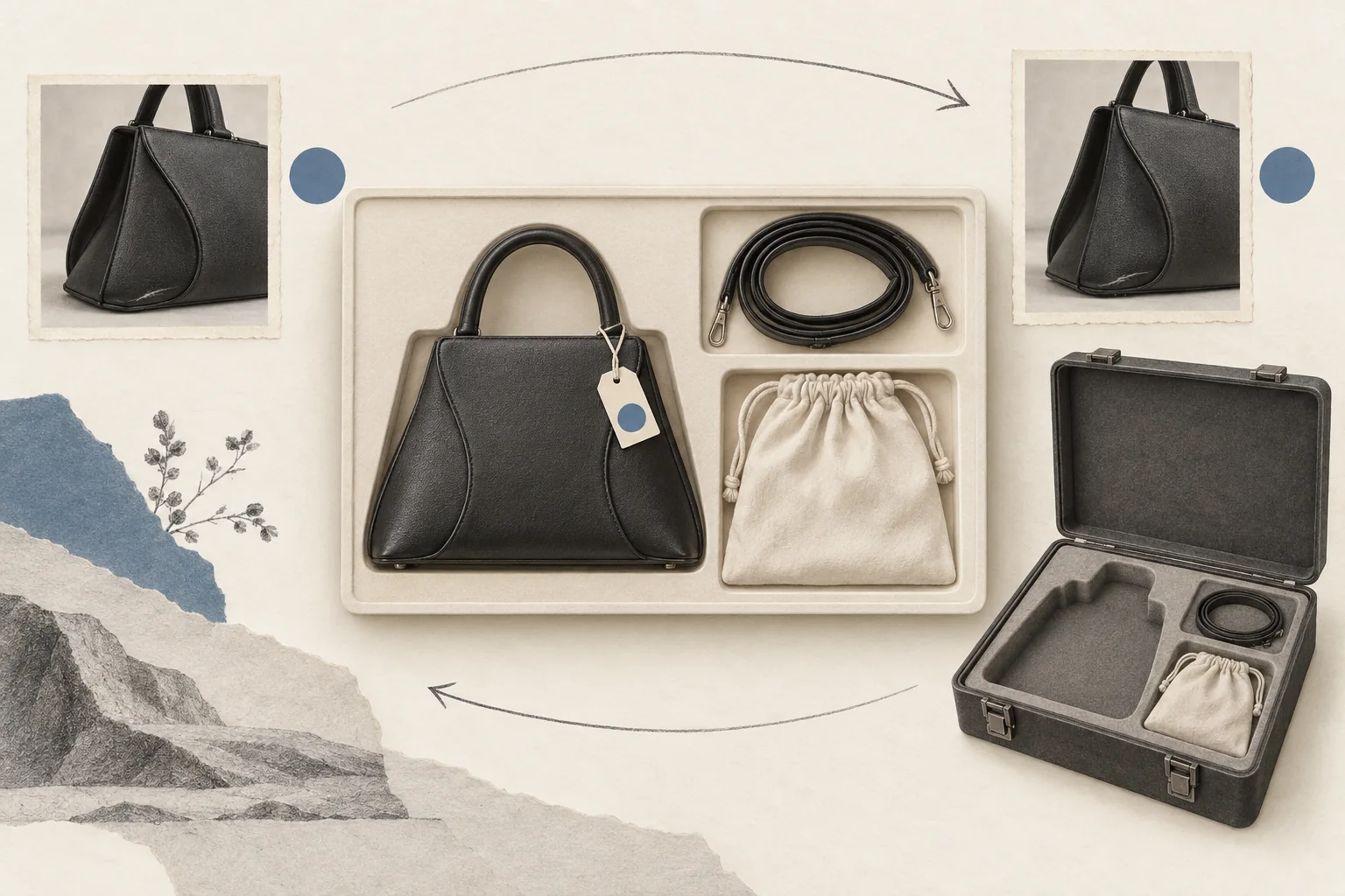 A structured handbag, detachable strap and dust bag beside matching outbound and return condition photographs and an open shipping case.