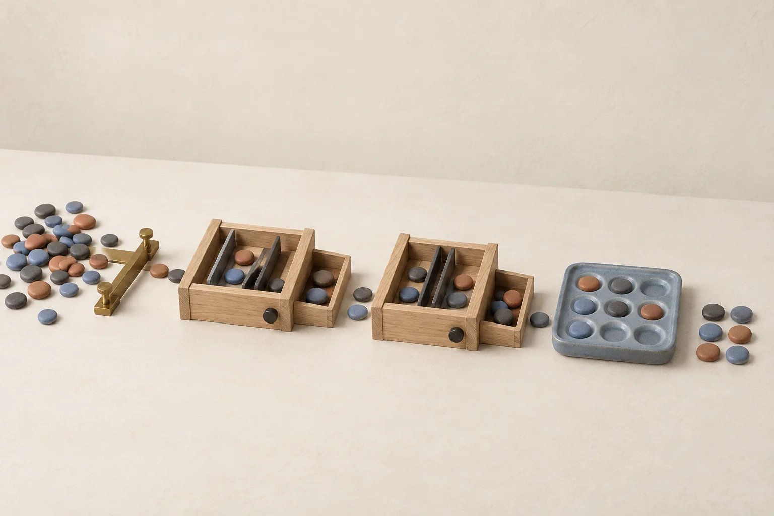 Two adjustable gates guide a pool of small tokens toward a tray with a fixed number of spaces, with spare tokens held aside.
