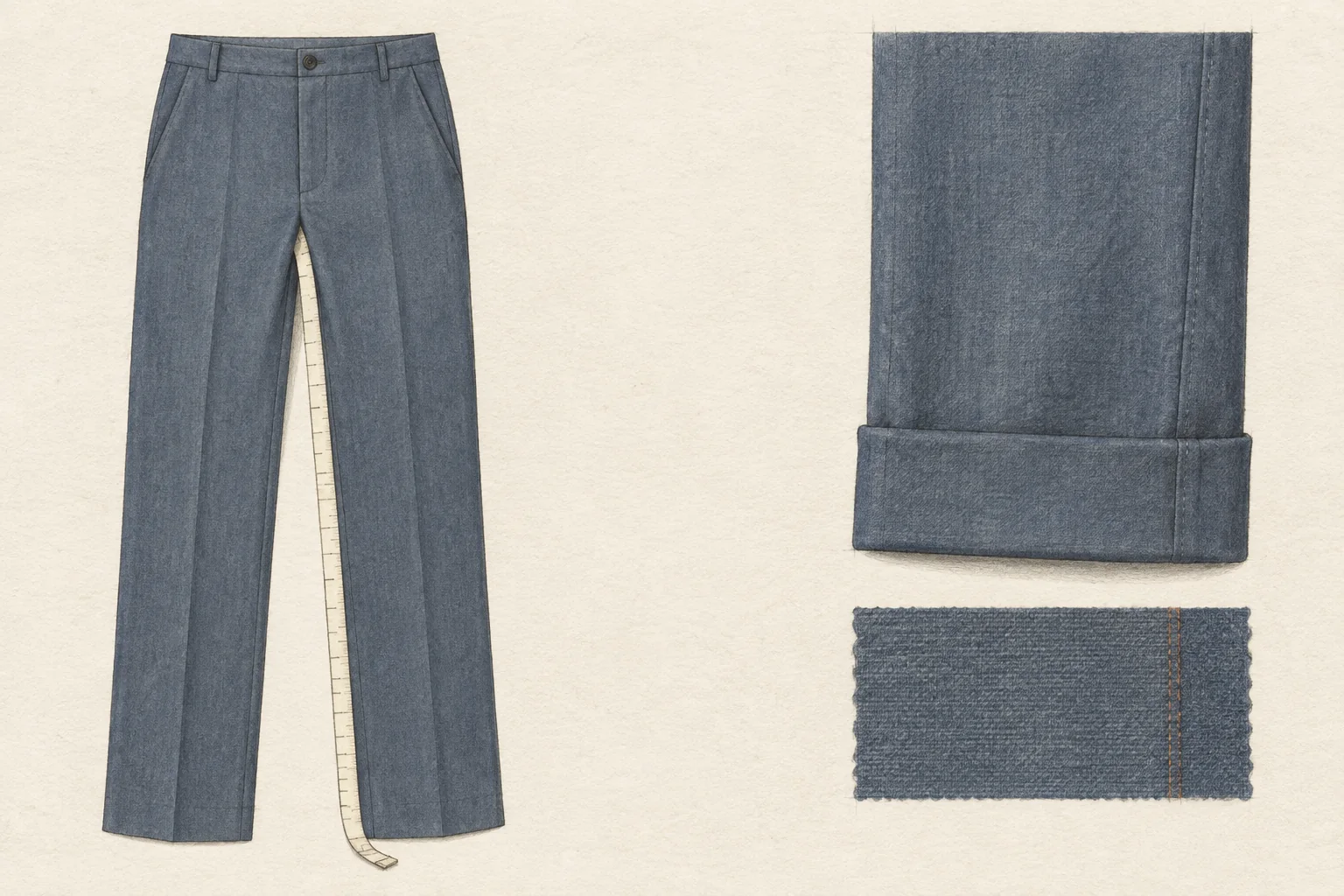 A pair of trousers laid flat beside an unnumbered measuring tape, with a second view showing a turned-up hem.