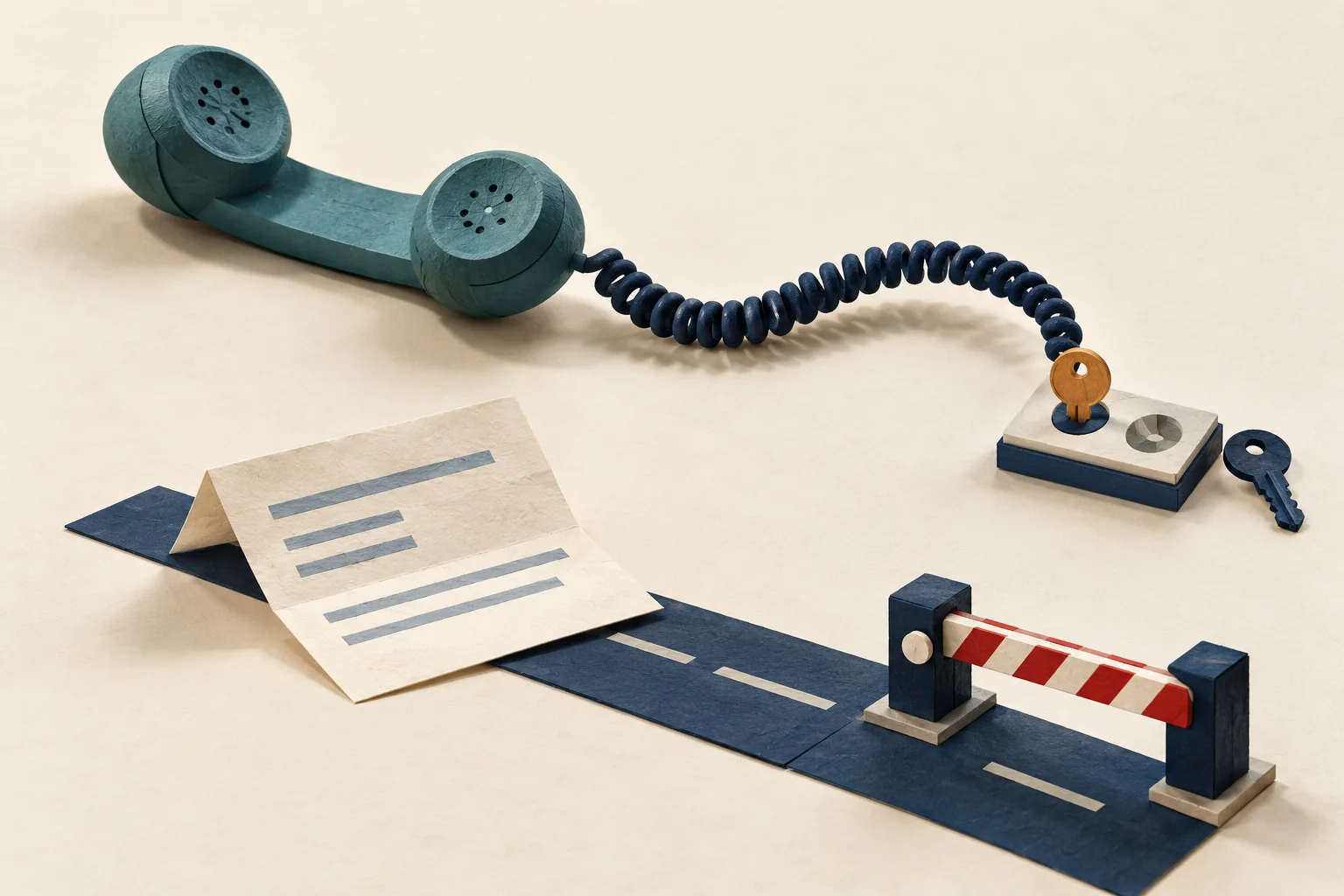 An invoice pauses at a closed payment gate while a separate telephone connection reaches an approval key.