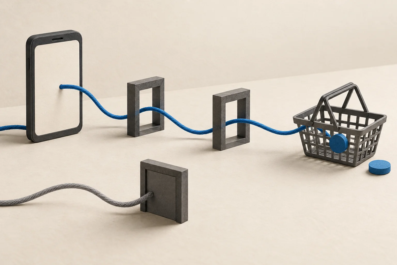 A colored thread passes from a phone through redirect gates to a shopping basket and matching affiliate token.