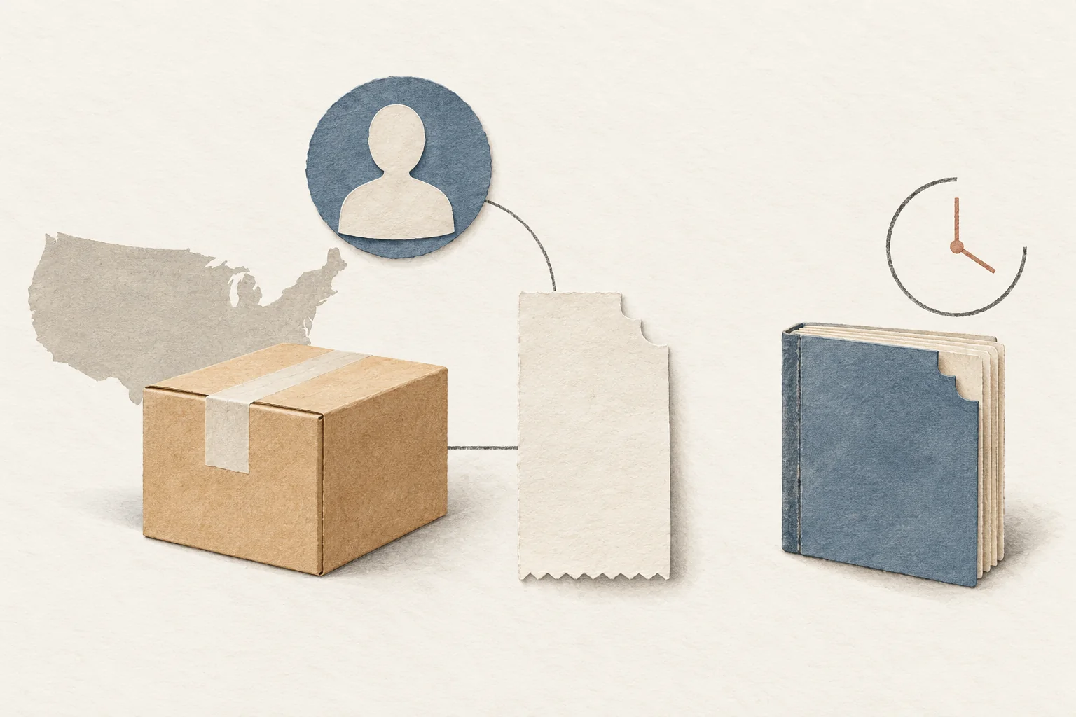 A product parcel linked by matching cutout shapes to a creator token and two separate order and commission records.