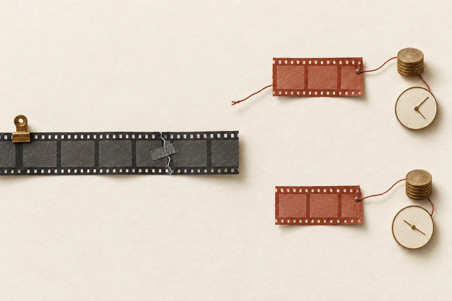 An original film strip beside two added strips, with colored markers connecting each addition to a coin stack and a clock.