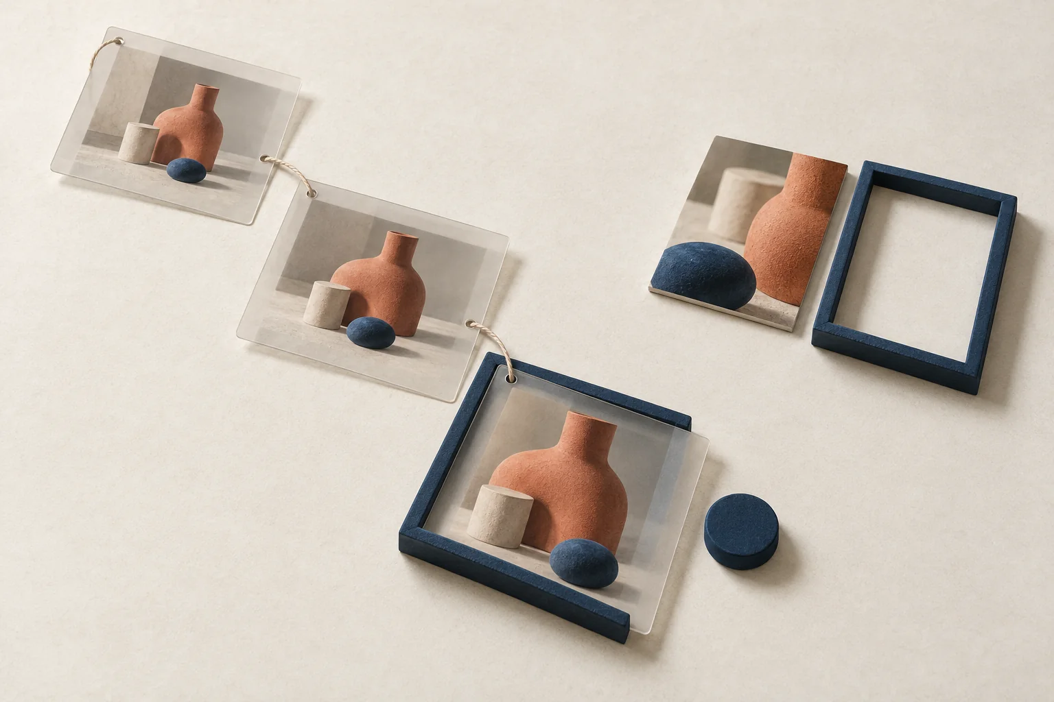 Three successive video frames connect to one selected frame, with a separate review marker and a smaller still image awaiting revision.