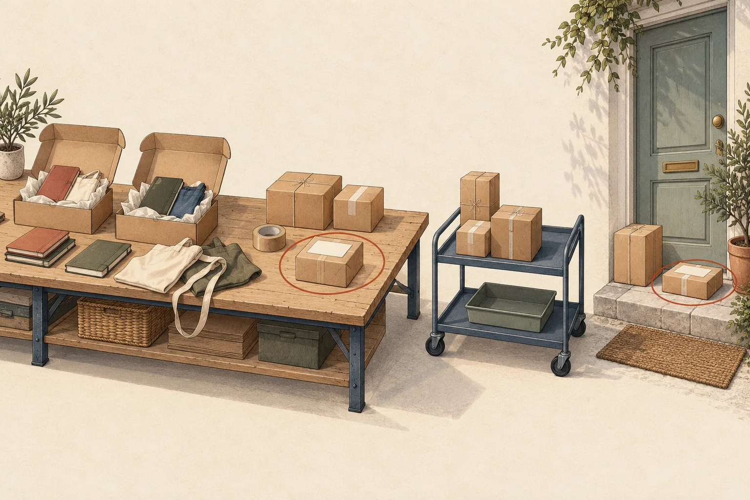Ten miniature parcels arranged across preparation, carrier handover and delivery stations, with two unresolved parcels set aside.