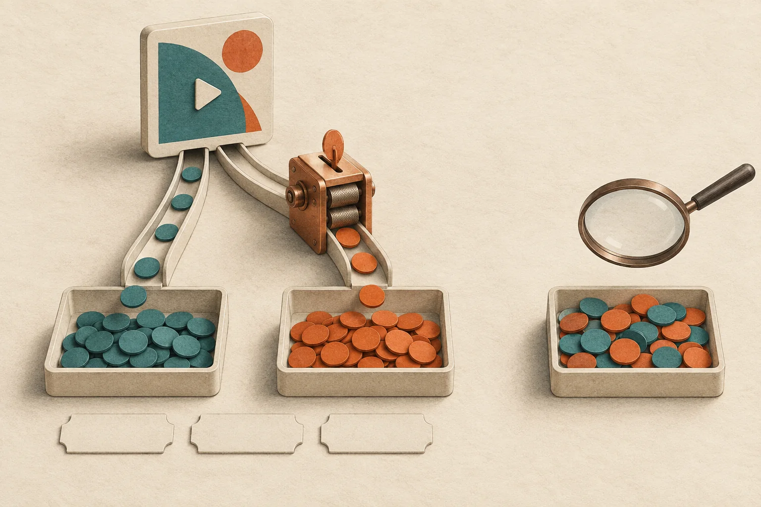 One creator video tile feeding separate unpaid and paid distribution trays, with an unresolved mixed tray kept apart.