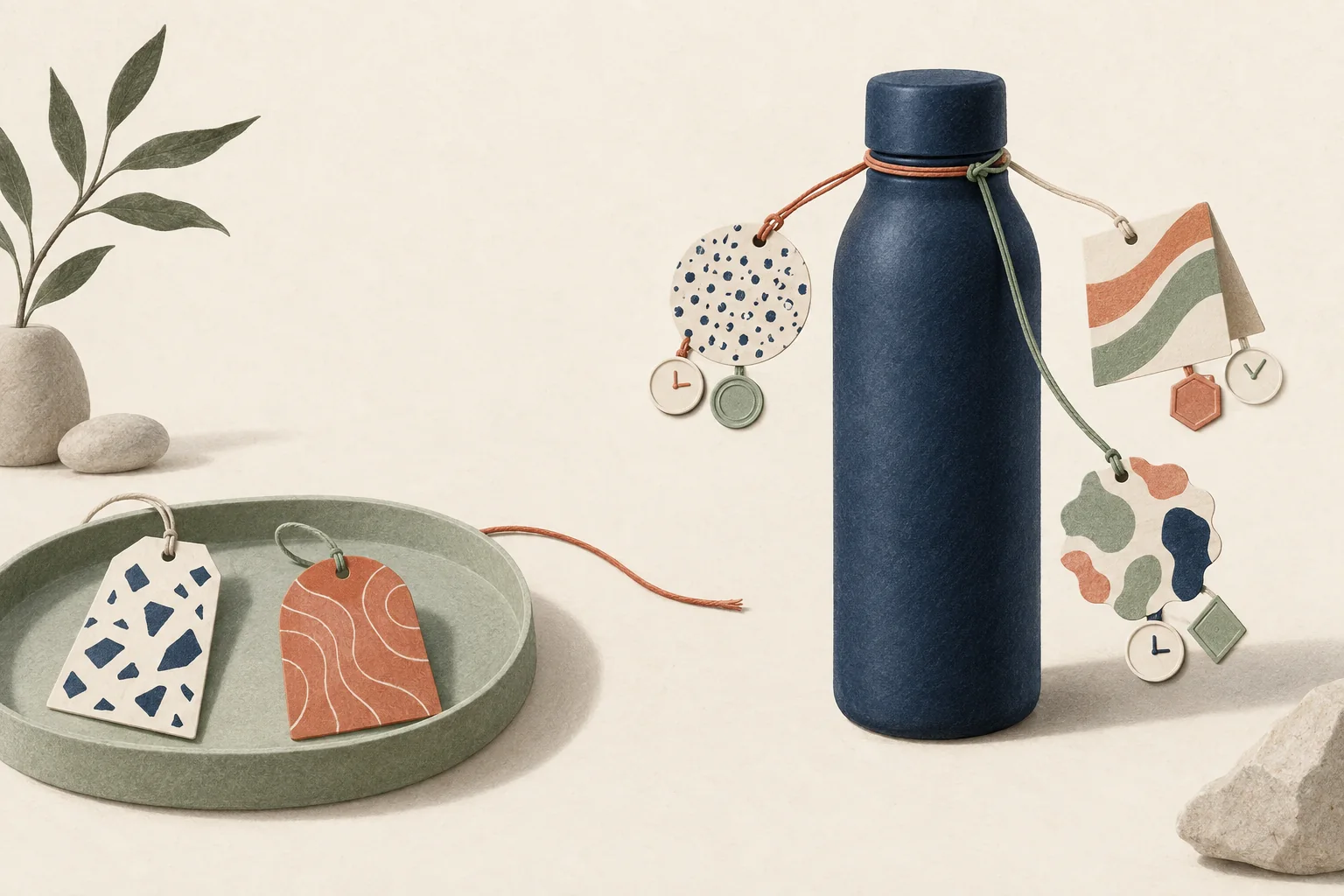 Several differently shaped tags connect to one reusable bottle, with a separate tray for unverified tags and small review-date markers.