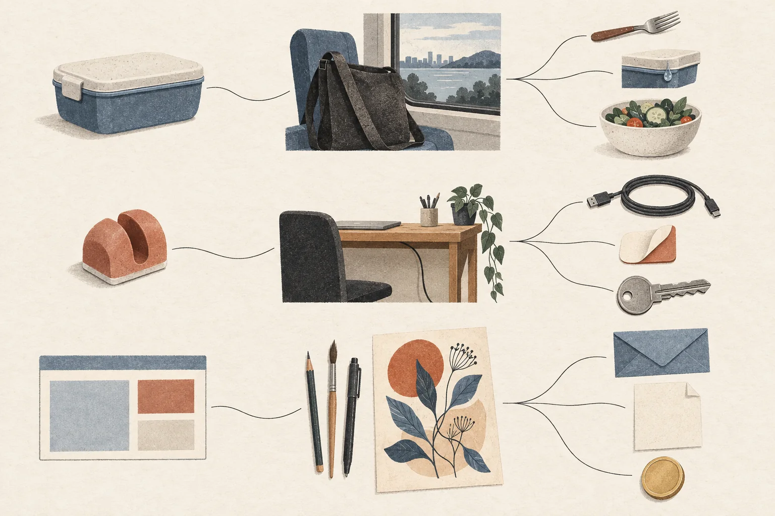 Three paths connect a packed lunch, a cable-lined desk and a freelancer workspace to the practical problems each product could address.