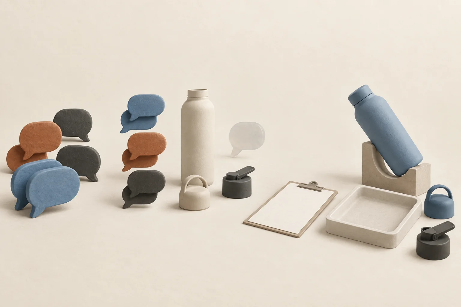 Illustrated bottle lids and a tilted bottle grouped beside distinct comment shapes, with uncertain items separated from a product test setup.