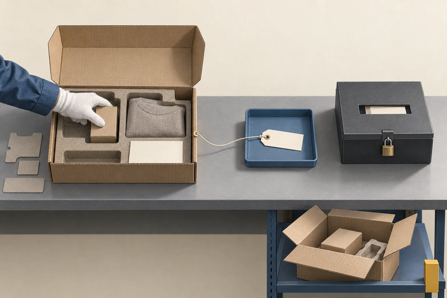 A sample creator kit passes through three inspection stations for contents, parcel tracking, and protected recipient details.