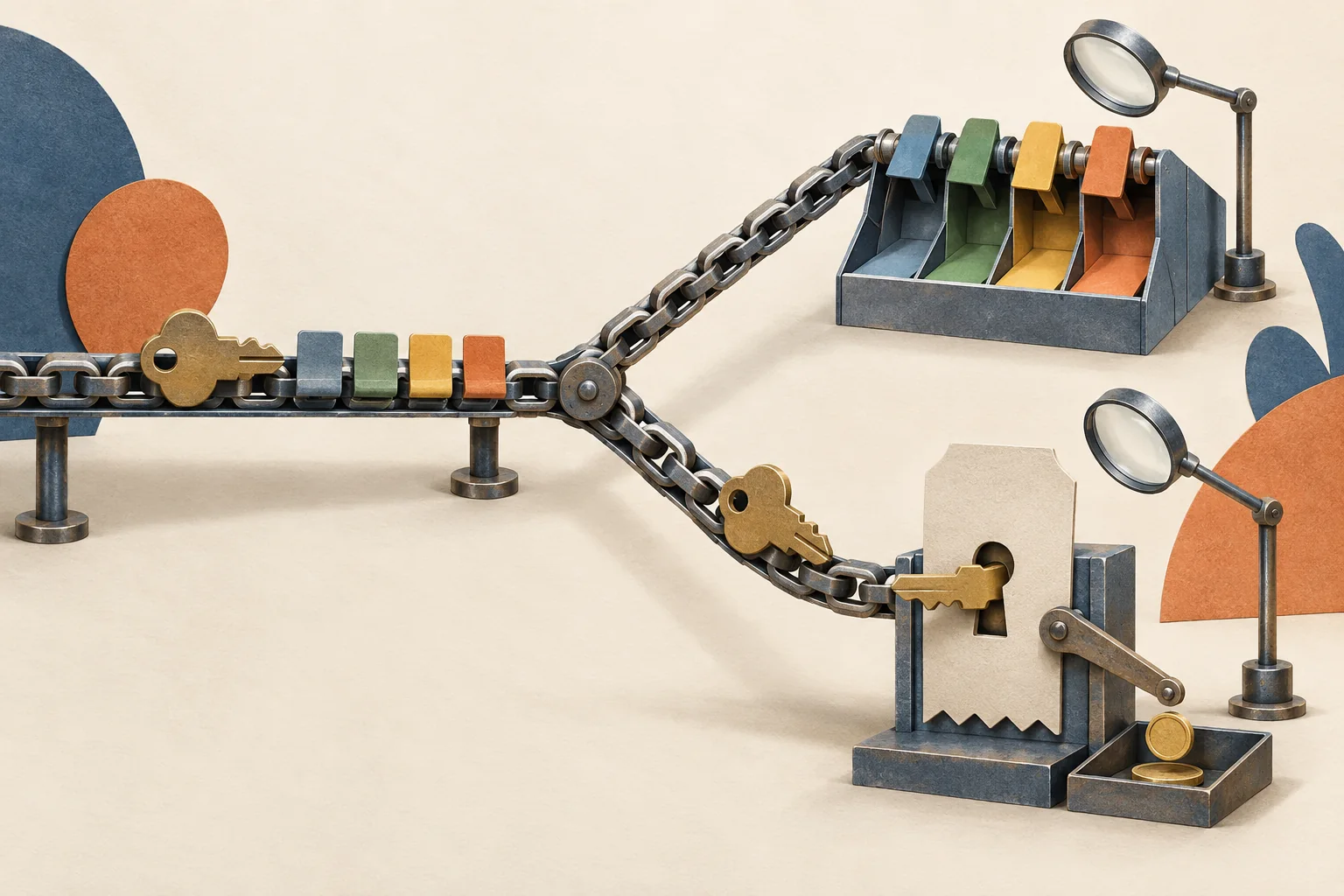 One linked route splits into colored campaign tags and a separate order token matched to a coin tray.