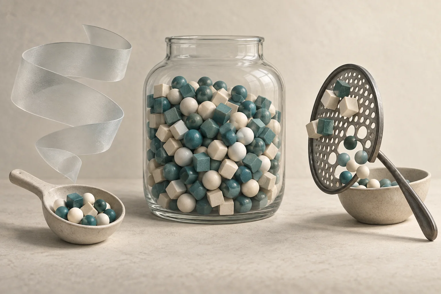 A small scoop of mixed colored beads beside a larger vessel, with a translucent band showing uncertainty around the sample.