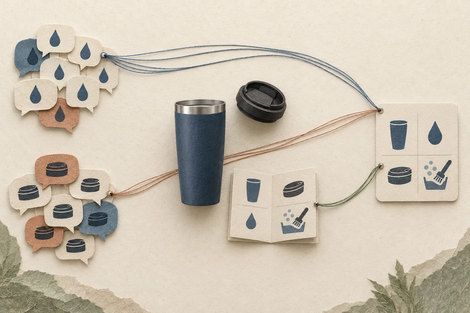 Comment cards grouped by topic beside a travel mug, care booklet and an approved answer card.