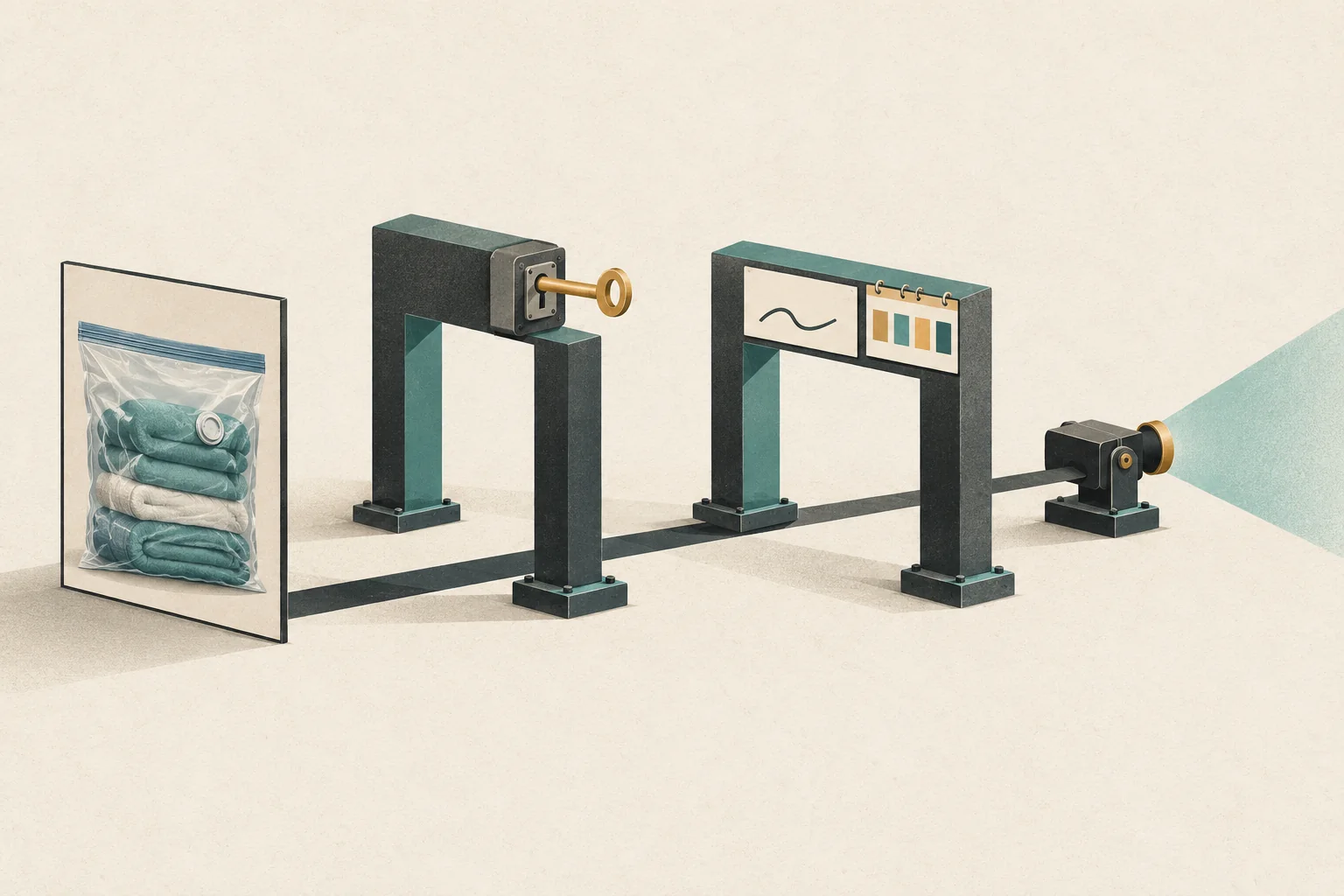 A creator video tile passes through two separate gates, one with a key and one with a signed permission sheet.