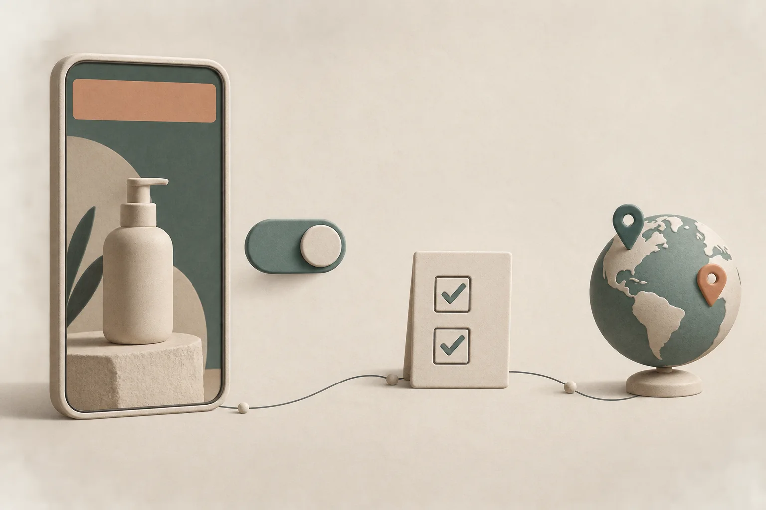 A phone-shaped video frame with a visible disclosure marker beside a toggle, a checklist and a globe for regional review.