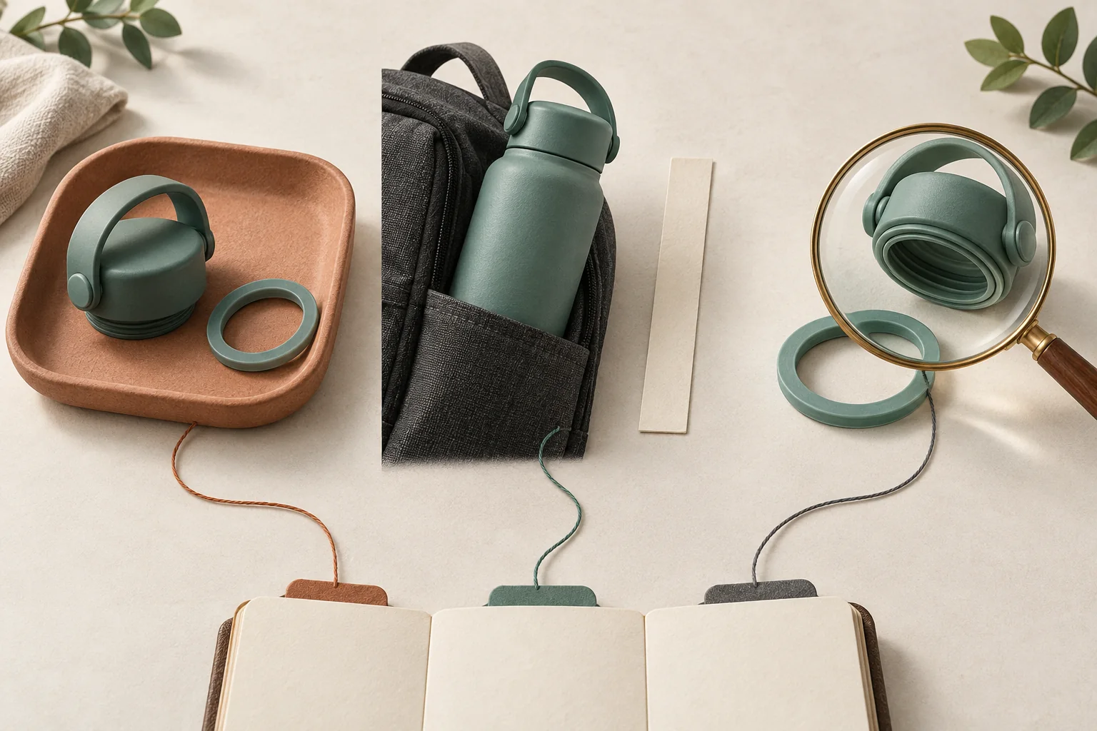 A reusable bottle beside three separate demonstrations of lid cleaning, bag-pocket fit and lid inspection.