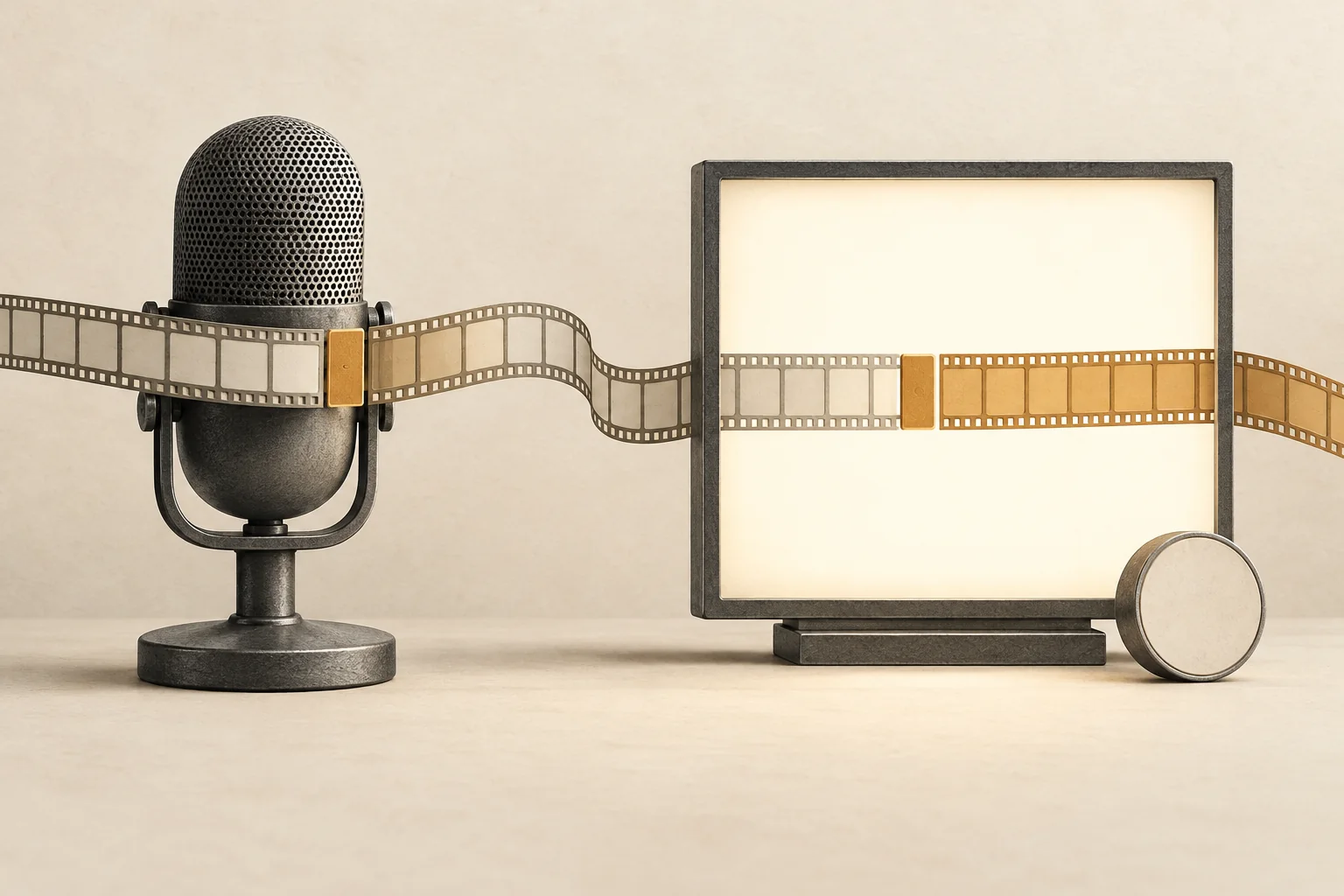 A microphone and a lit video frame beside matching disclosure markers, showing spoken and visible notices at a sponsored segment.