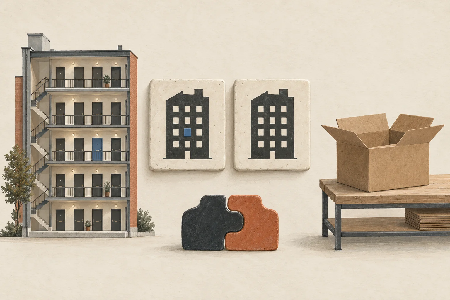 A parcel waiting beside an apartment building model, with one highlighted doorway and two matching address tokens awaiting confirmation.