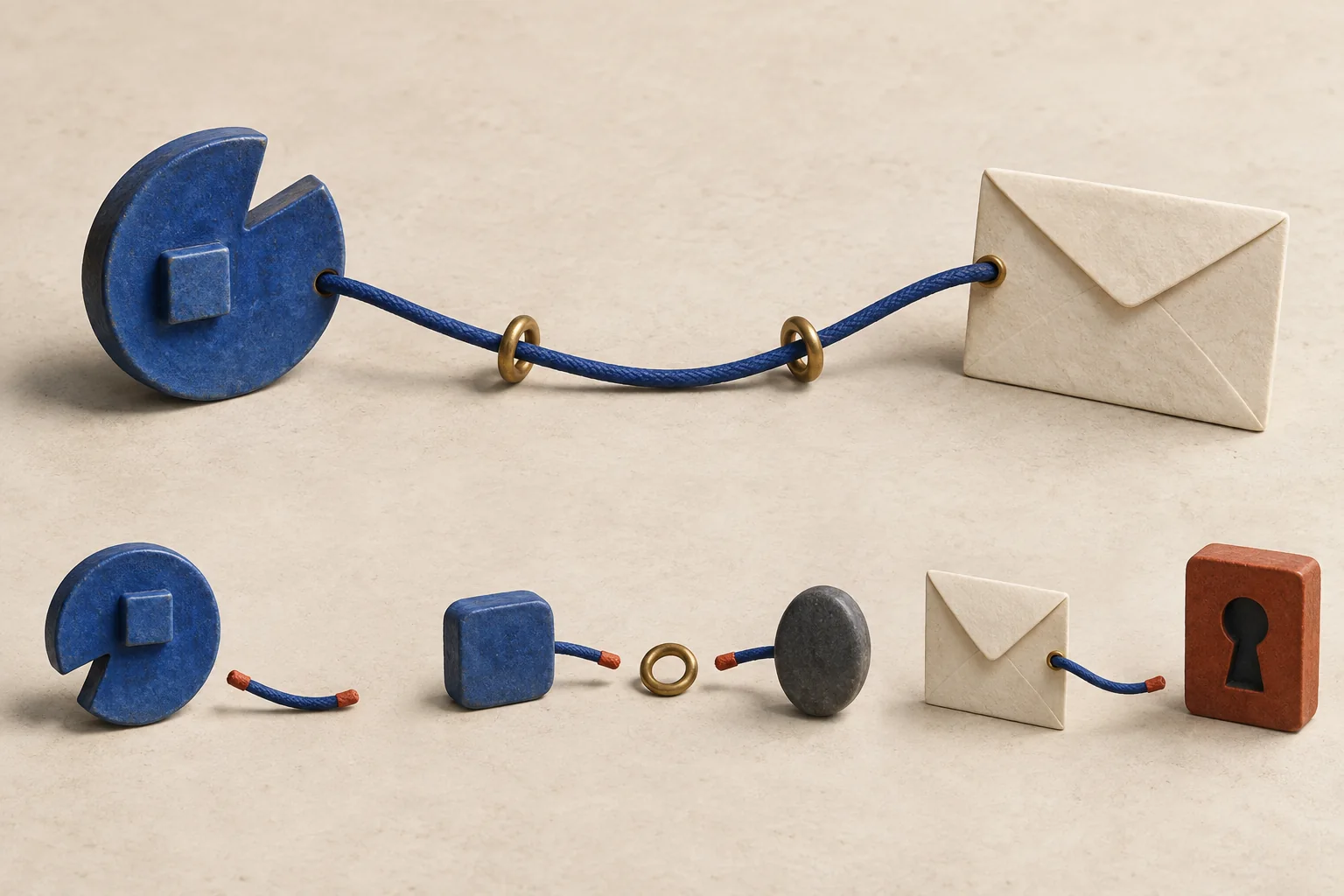 An unbroken cord connects a creator profile token to a contact envelope, beside three disconnected lookalike routes.