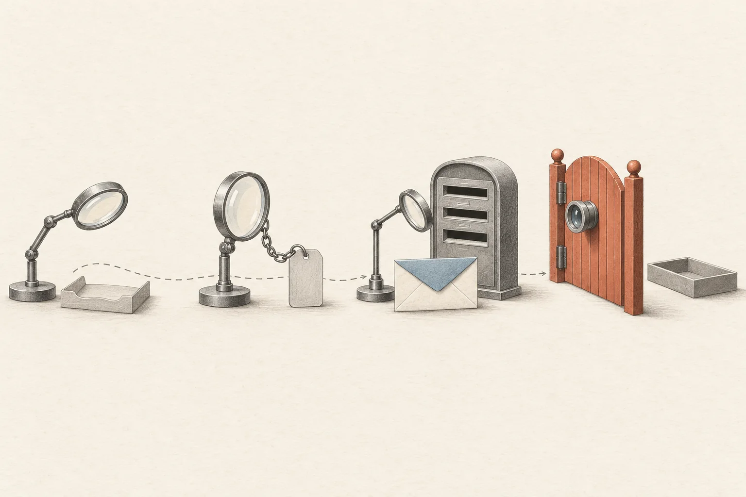 Four separate inspection lenses examine an envelope, a linked identity token, a mailbox and a closed permission gate.