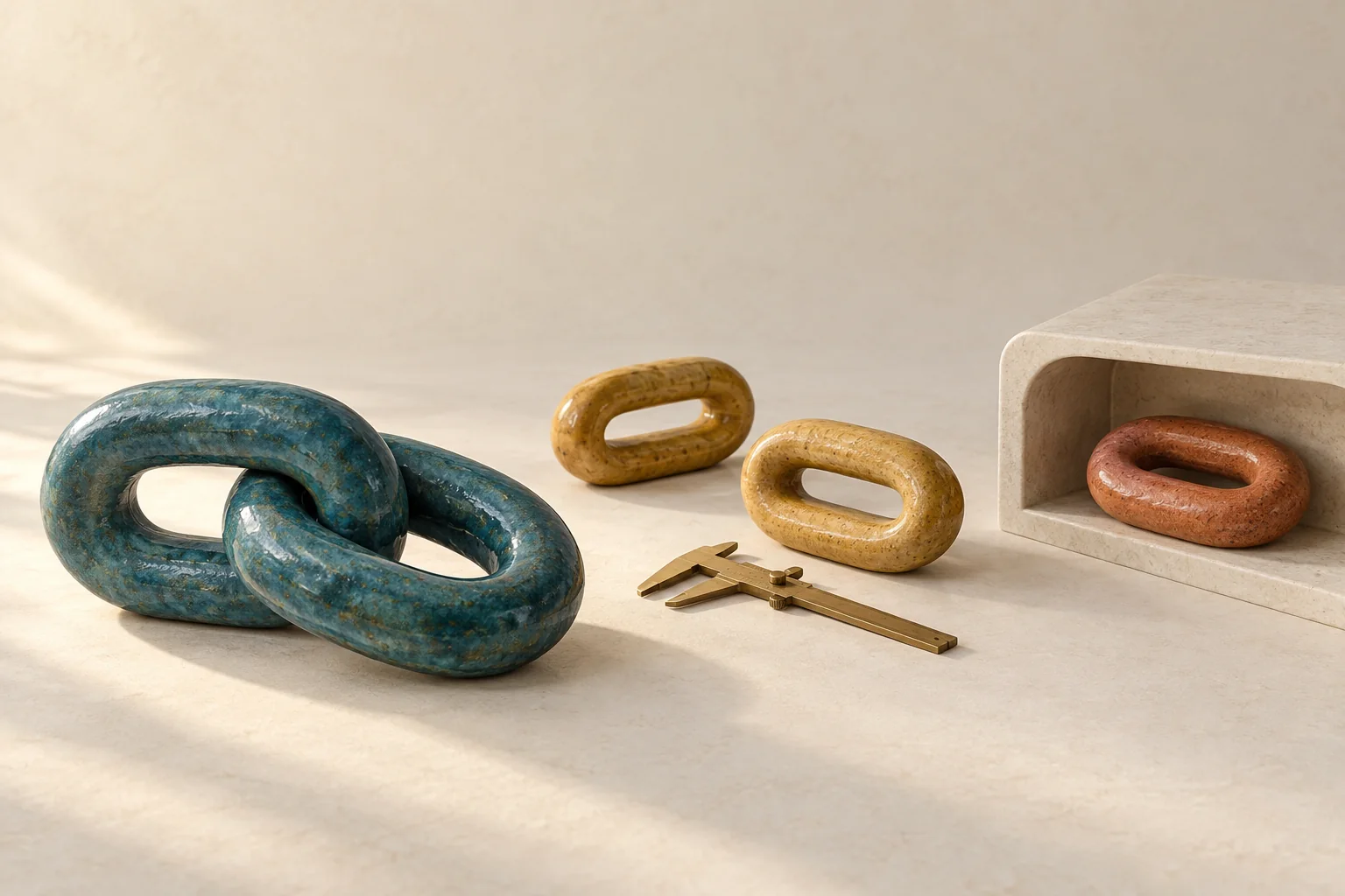 Three ceramic chain links show a renewed connection, a separated connection under inspection, and a connection placed aside.