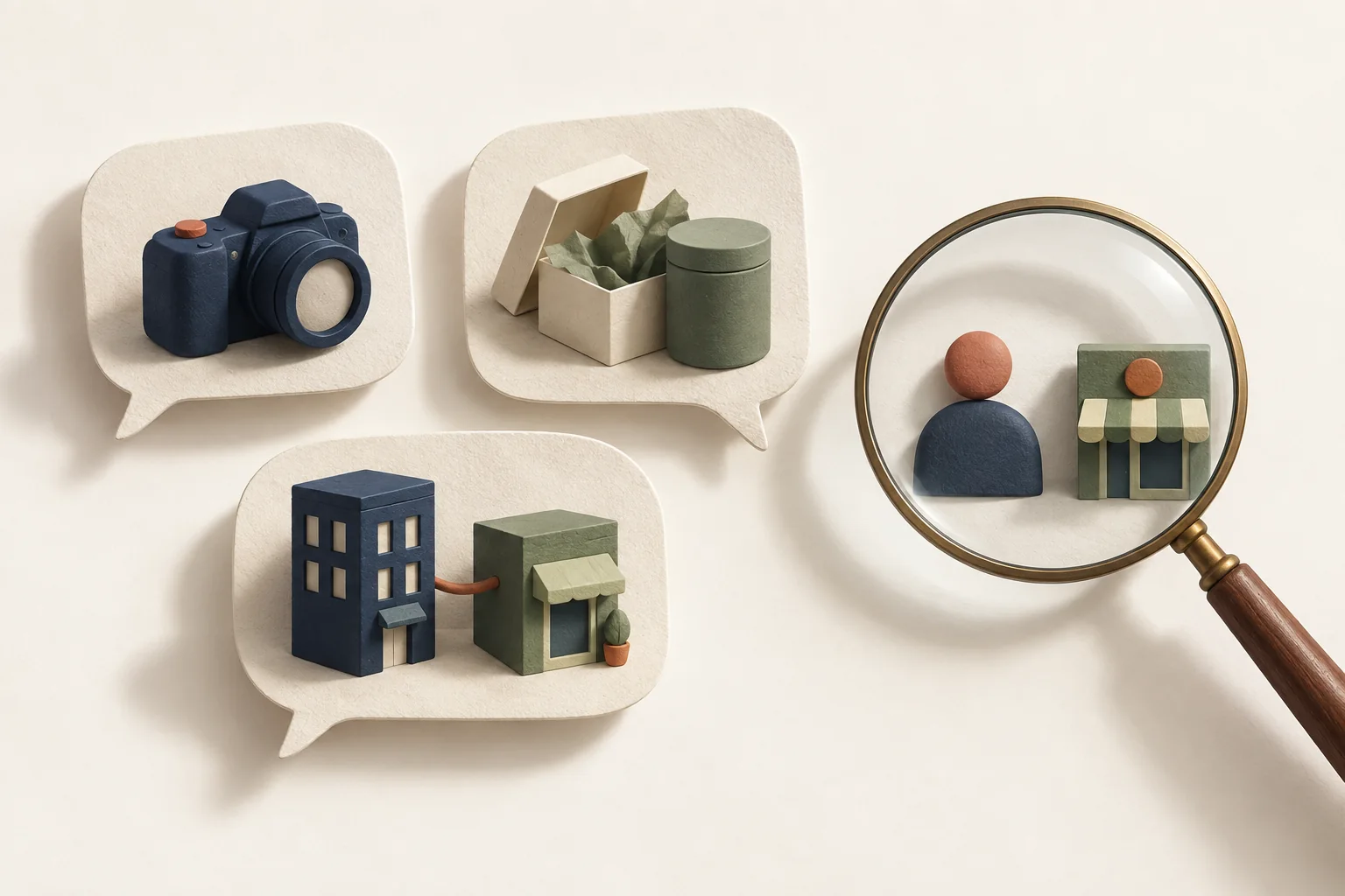 Three separate speech-bubble tiles beside a magnifying glass connecting a sender profile to a business storefront.