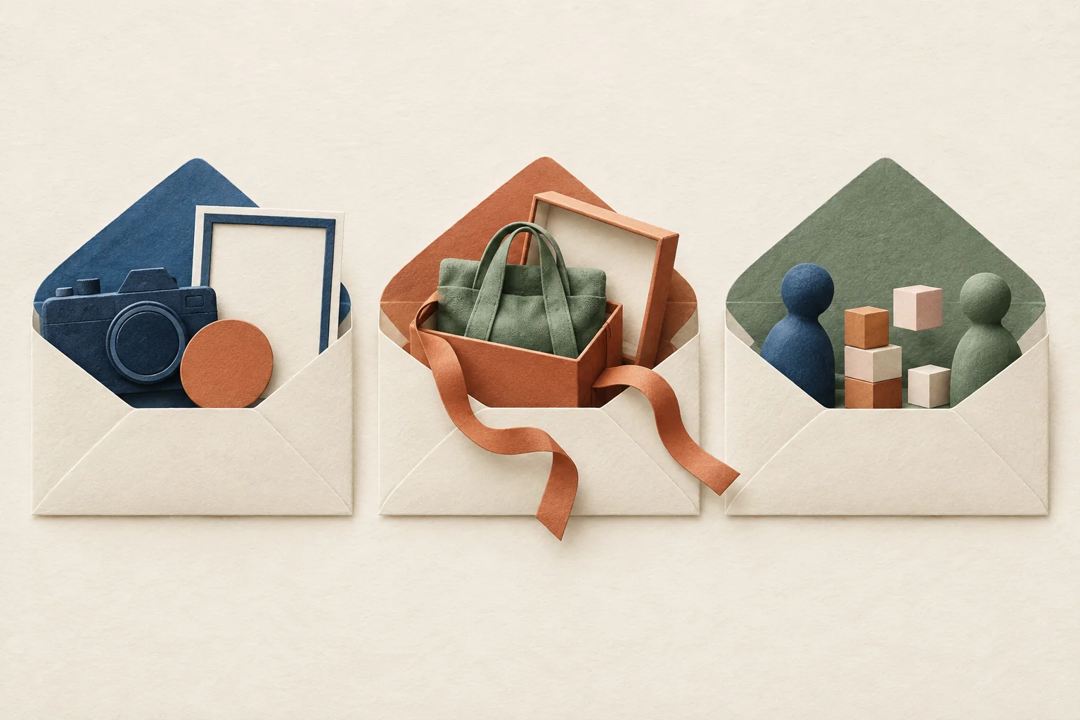 Three open envelopes paired with a payment token and camera, an untied gift box, and an unfinished arrangement of meeting pieces.