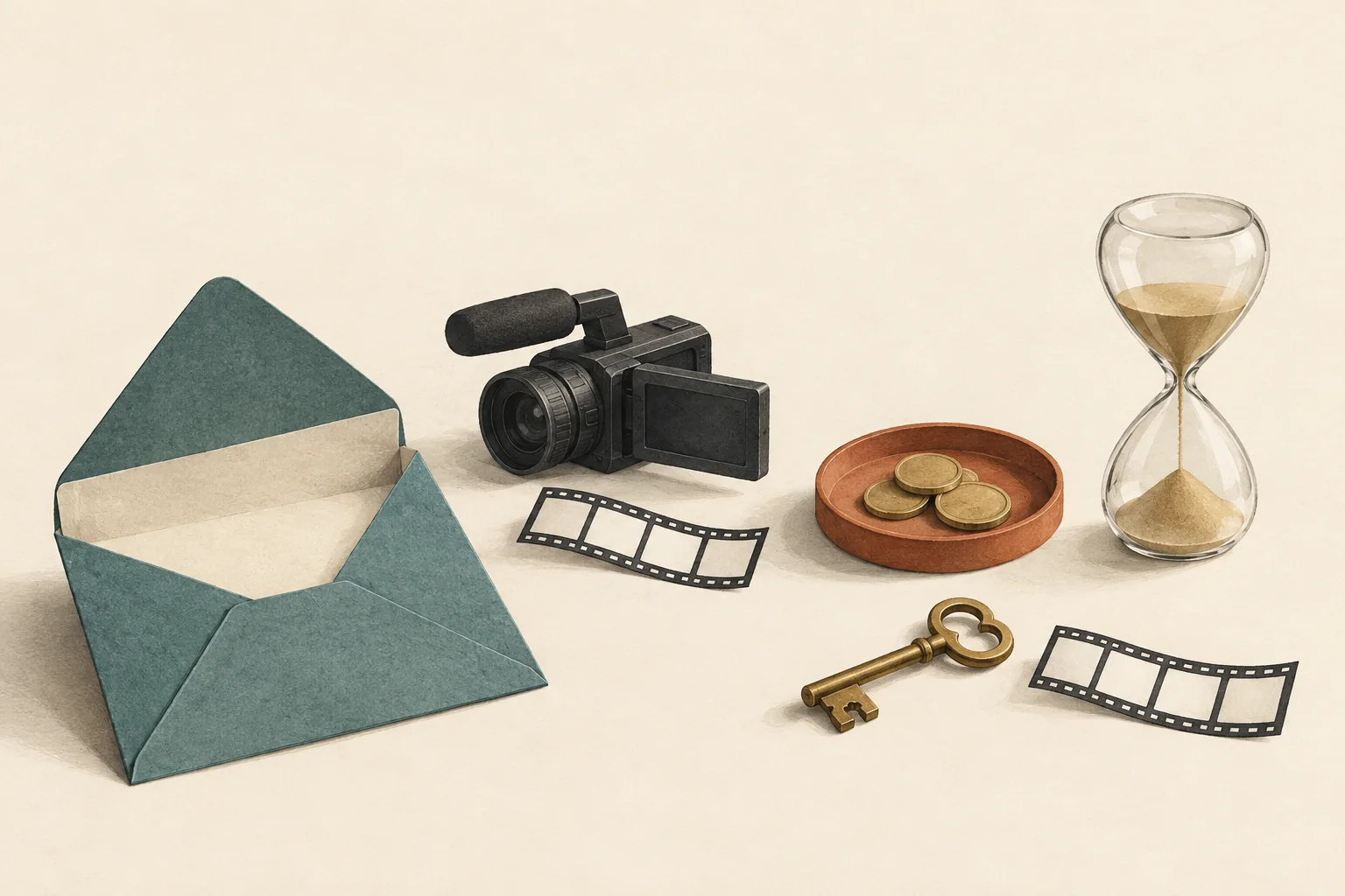 An open envelope beside separate miniature objects for video production, payment, timing and content permission.