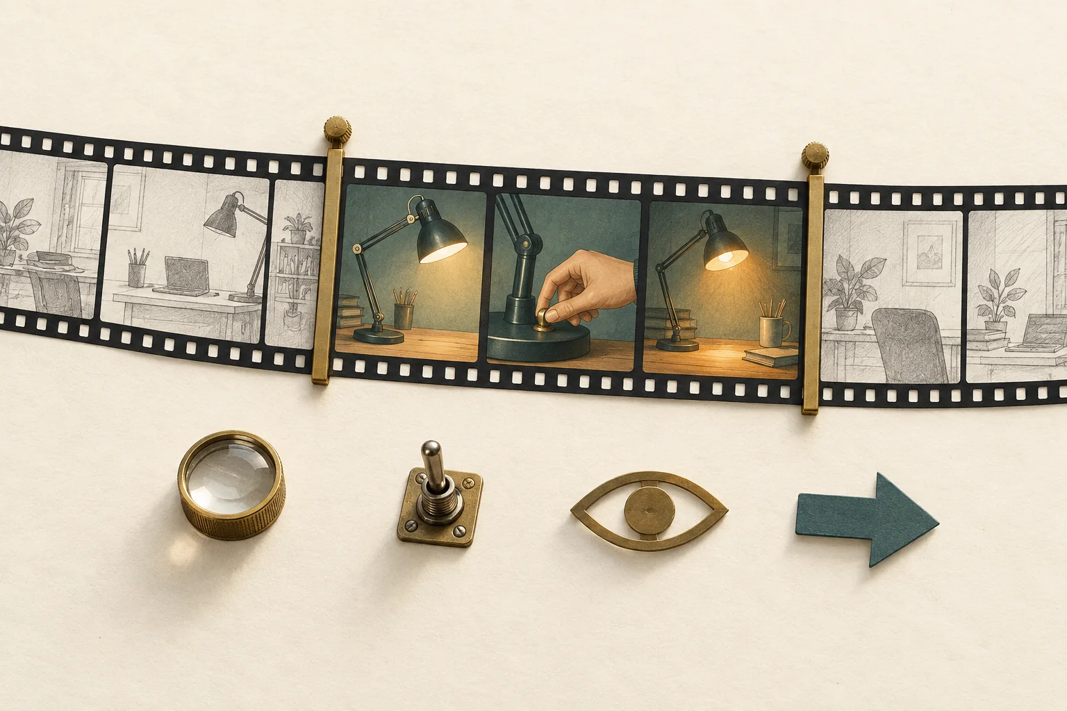 A long filmstrip with one illuminated lamp demonstration segment, leaving the surrounding scenes open and unaltered.