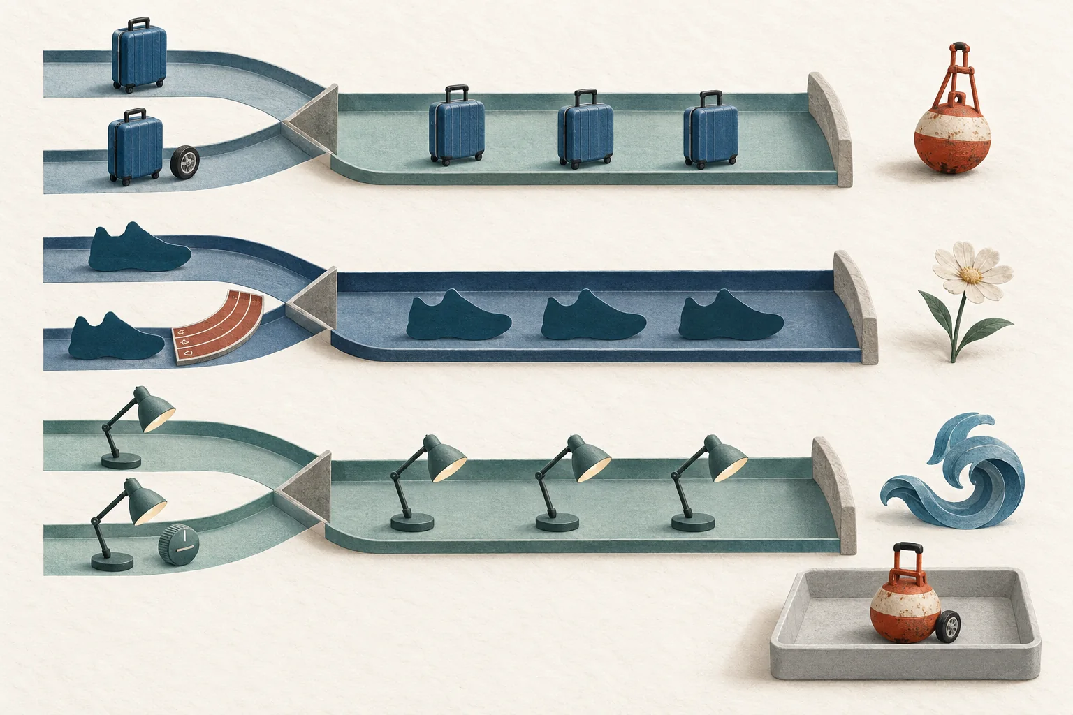 Three separate sorting channels pair a suitcase, running shoe and desk lamp with matching objects while leaving ambiguous objects for review.